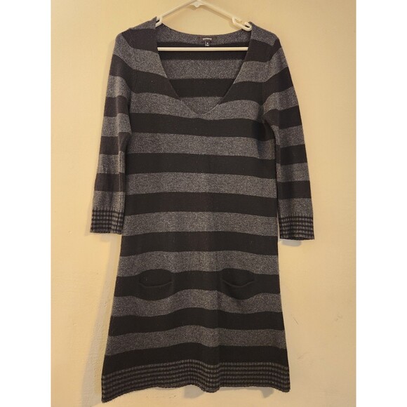 Express Medium Black & Gray V-Neck Striped Sweater Dress Pockets Wool Blend Y2K - Picture 1 of 11